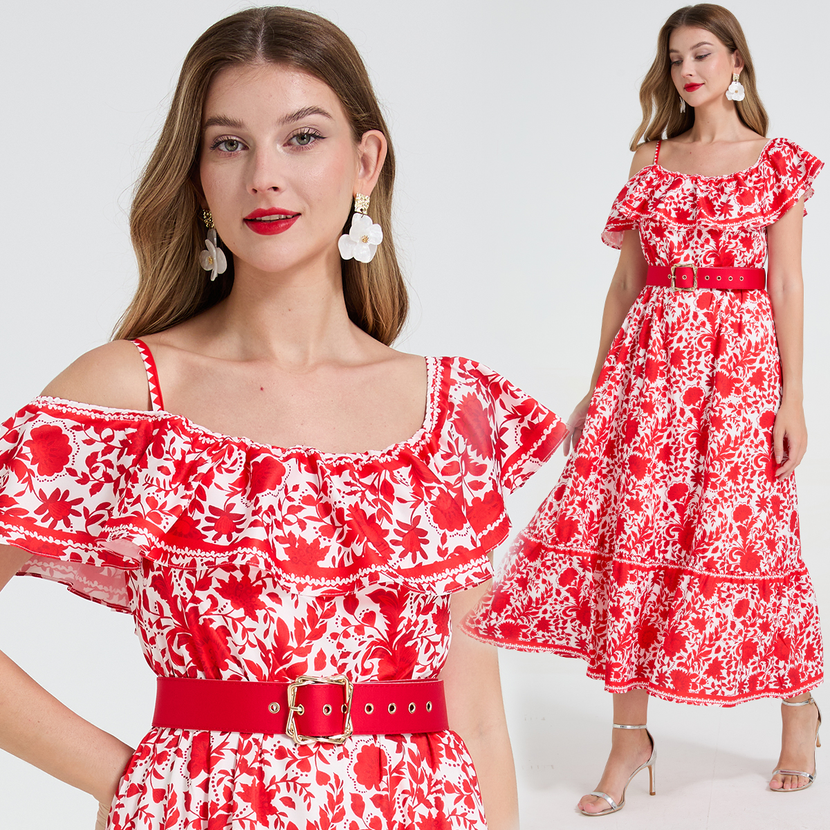 Realistic retro style asymmetrical design with off shoulder straps, ruffled edges, waist cinching, slimming effect, large swing long skirt