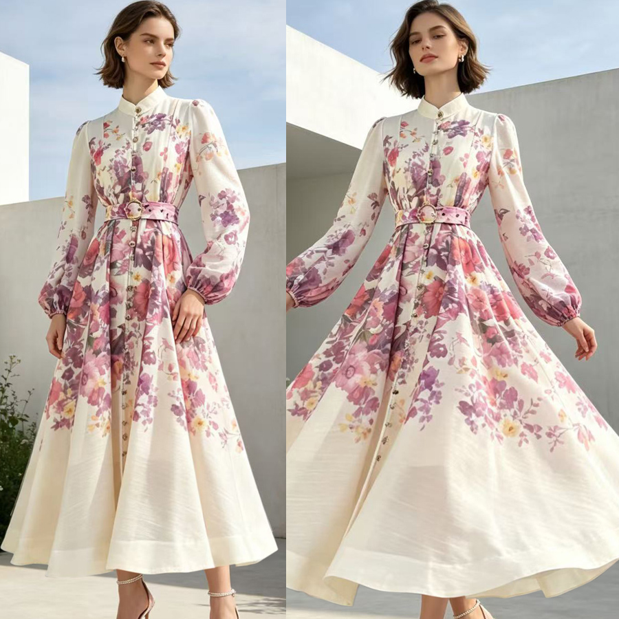 French high-end two-piece dress with retro print stand up collar lantern sleeves and waist cinching big swing dress, long skirt French high-end two-piece dress with retro print stand up collar lantern sleeves and waist cinching big swing dress, long skirt