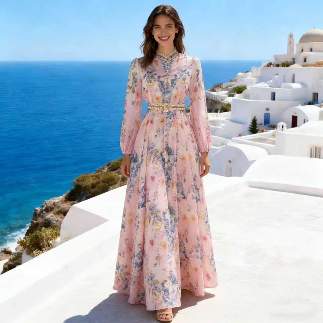 French high-end two-piece dress with retro print stand up collar lantern sleeves and waist cinching big swing dress, long skirt French high-end two-piece dress with retro print stand up collar lantern sleeves and waist cinching big swing dress, long skirt