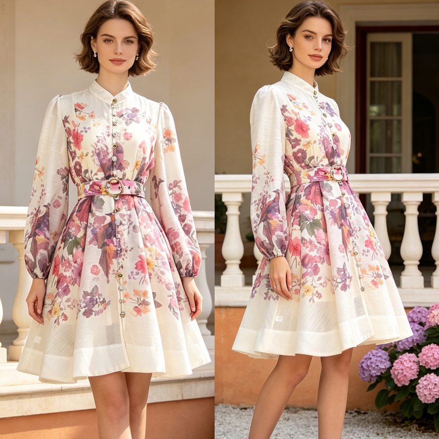 Australian light luxury early autumn new item positioning: printed stand collar lantern sleeves, waist cinching and slimming two-piece dress, short skirt Australian light luxury early autumn new item positioning: printed stand collar lantern sleeves, waist cinching and slimming two-piece dress, short skirt