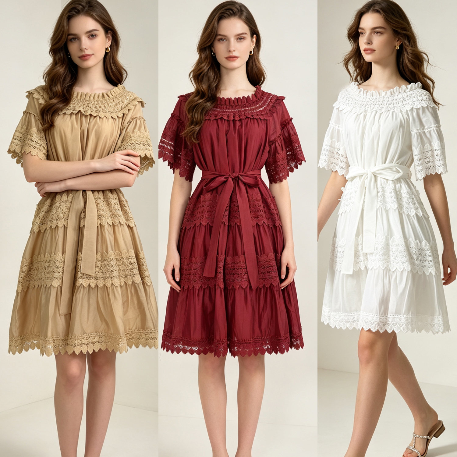 French court style embroidered hollow short sleeved one shoulder large swing skirt with waist cinching and tie up khaki A-line skirt short skirt