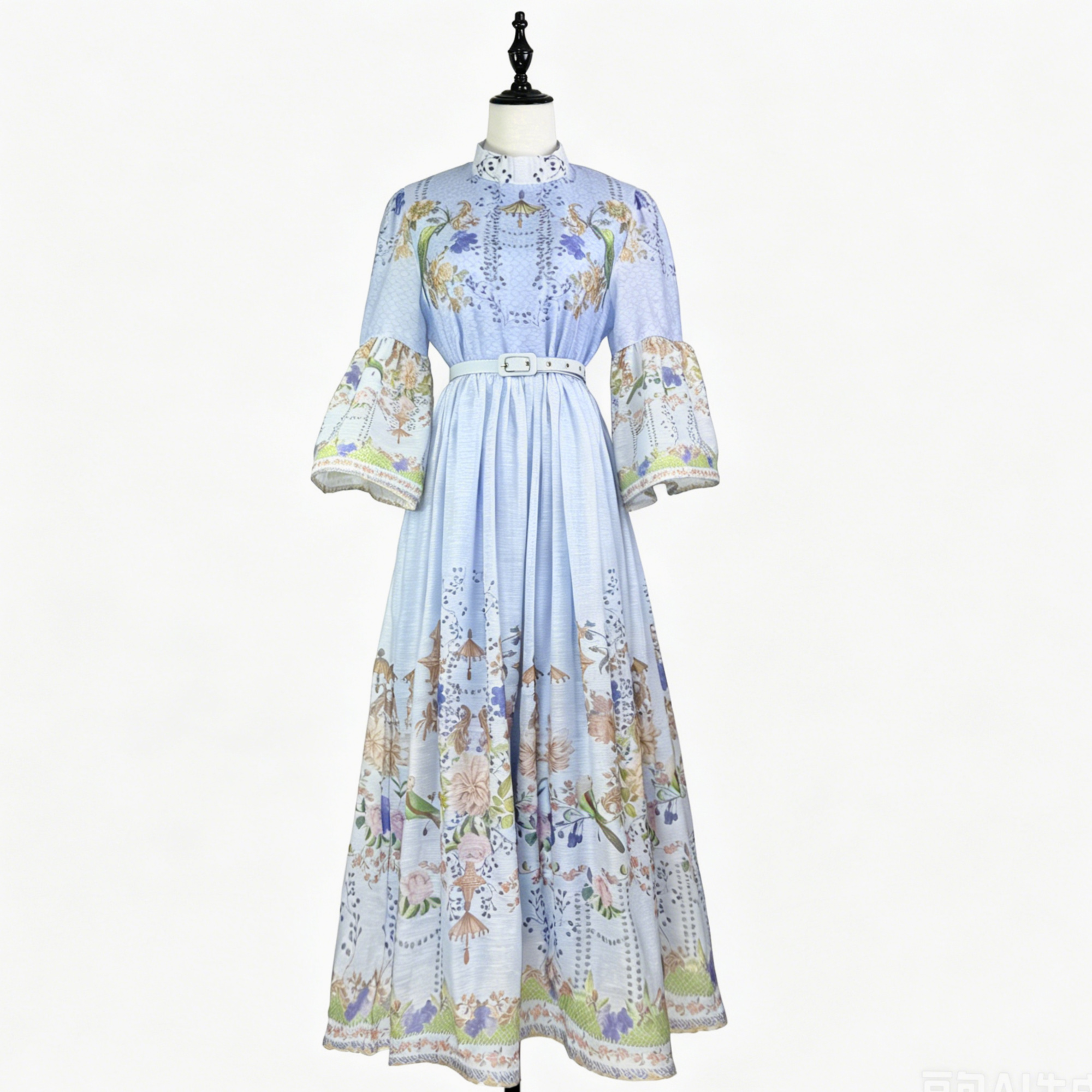 French retro positioning printed stand up collar five quarter flared sleeves slim fit waist cinching big swing dress summer vacation style long skirt French retro positioning printed stand up collar five quarter flared sleeves slim fit waist cinching big swing dress summer vacation style long skirt