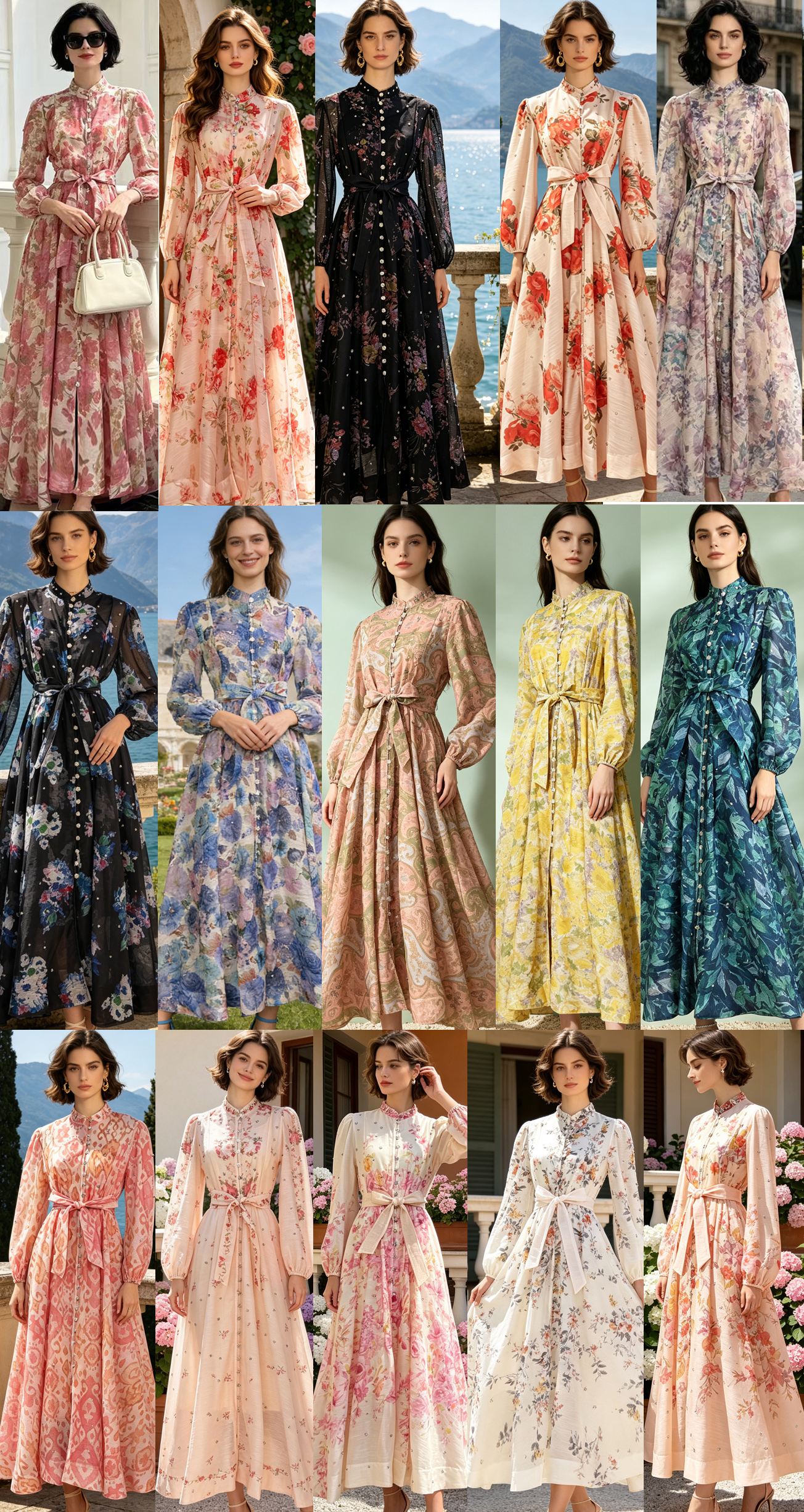 Australian retro print stand up collar lantern sleeves long sleeves heavy studded diamonds elegant socialite temperament two-piece dress long Australian retro print stand up collar lantern sleeves long sleeves heavy studded diamonds elegant socialite temperament two-piece dress long