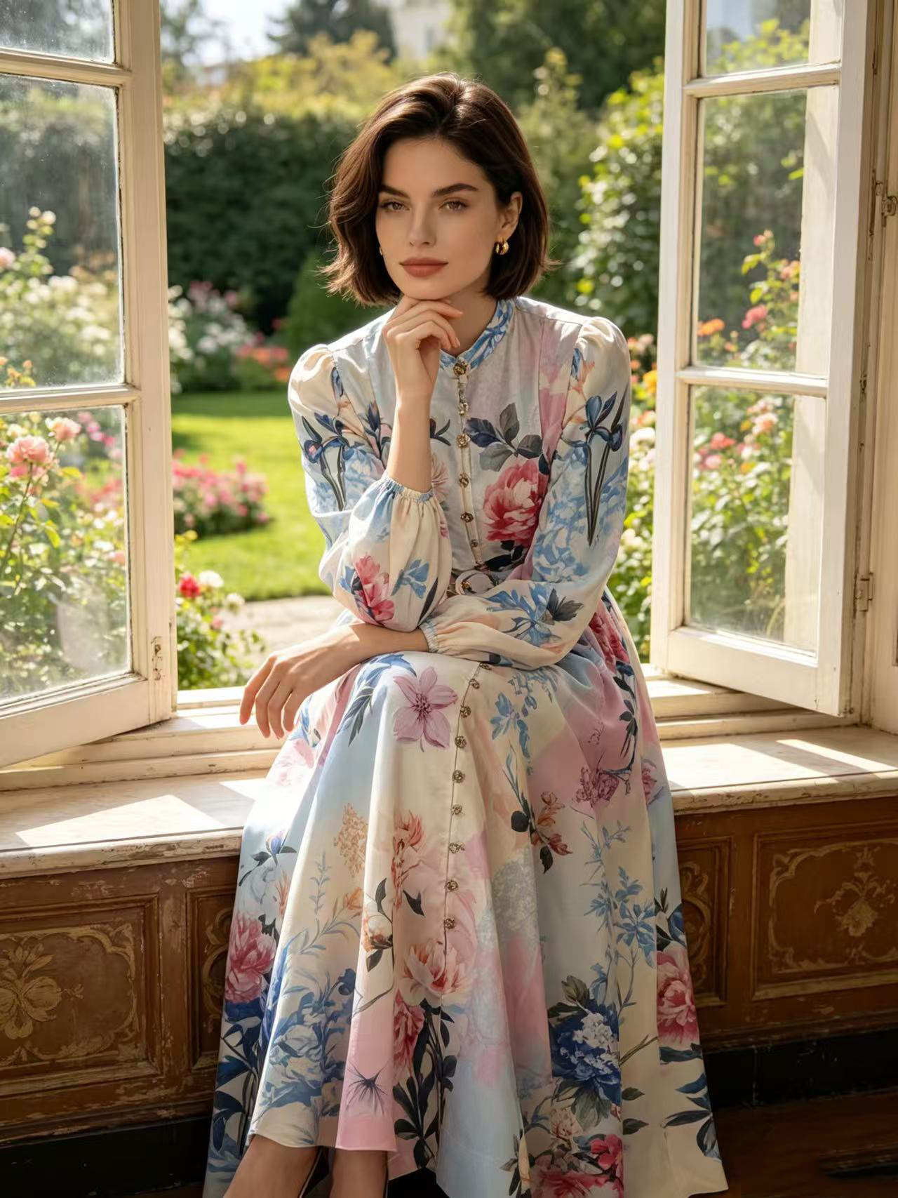 Australian new French retro style stand up collar lantern sleeve single breasted printed dress, four season new long skirt Australian new French retro style stand up collar lantern sleeve single breasted printed dress, four season new long skirt