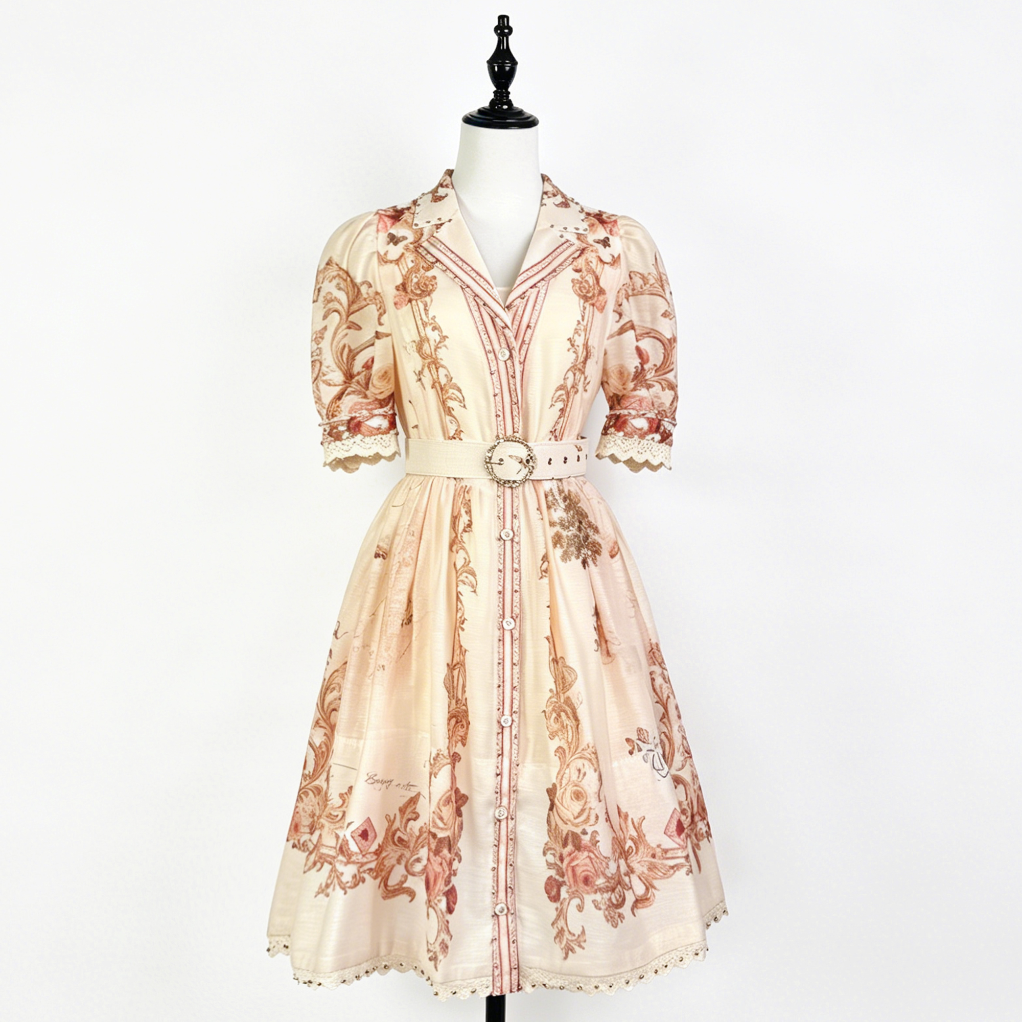 European and American niche retro printed small lapel bubble sleeve lace nail bead large swing waist slimming dress two-piece set European and American niche retro printed small lapel bubble sleeve lace nail bead large swing waist slimming dress two-piece set