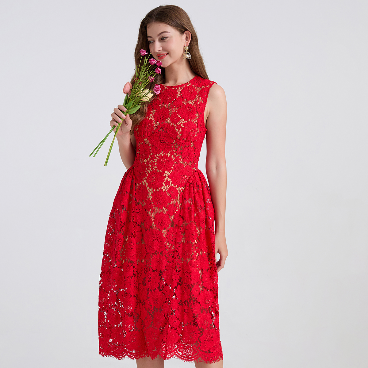 Real shot light luxury lace eyelash puffy vest round neck A-line skirt slim fit high waisted dress Real shot light luxury lace eyelash puffy vest round neck A-line skirt slim fit high waisted dress