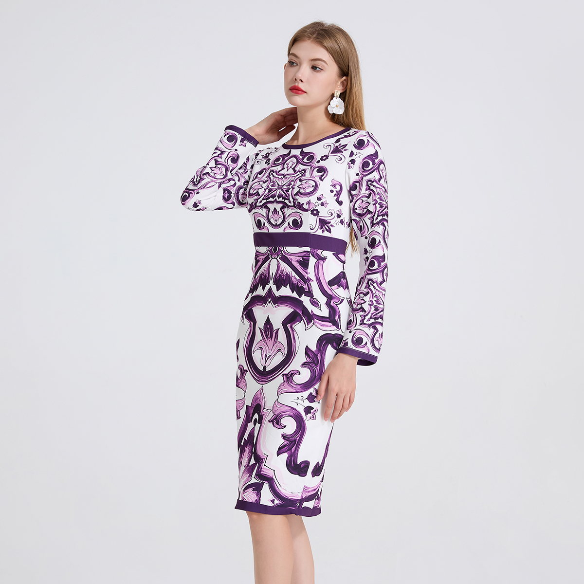 239 New Color Enhancement European and American Positioning Printed Temperament High Waist Bag Hip Dress High Waist Long Sleeve Round Neck Skirt 239 New Color Enhancement European and American Positioning Printed Temperament High Waist Bag Hip Dress High Waist Long Sleeve Round Neck Skirt