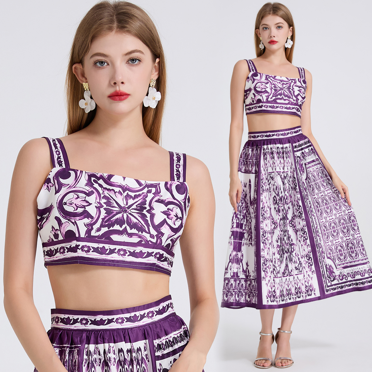 Realistic shooting of European and American style blue and white porcelain printed camisole vest+high waisted skirt two-piece set