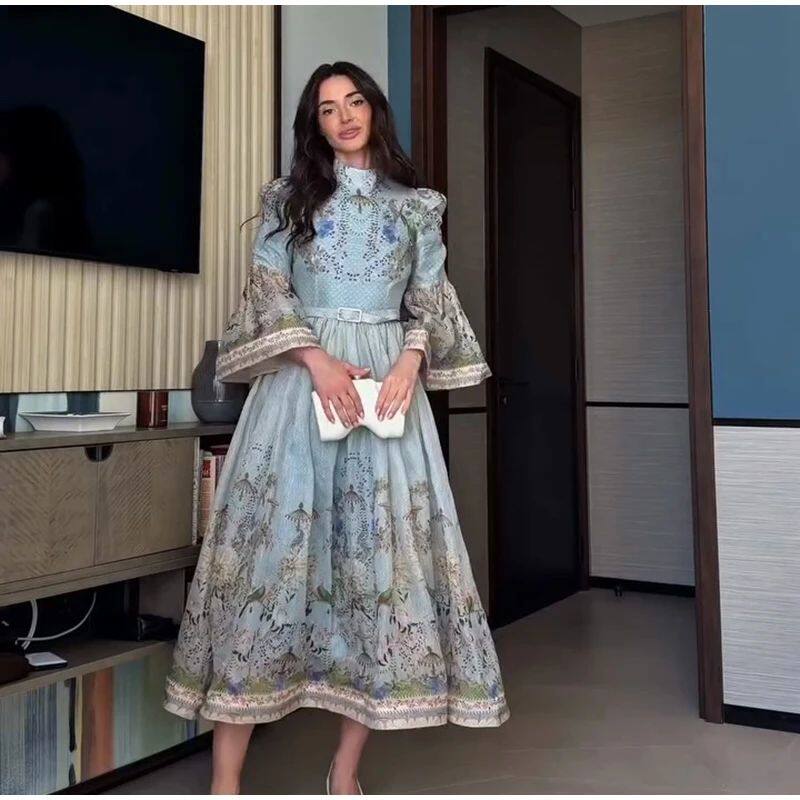 French retro positioning printed stand up collar five quarter flared sleeves slim fit waist cinching big swing dress summer vacation style long skirt French retro positioning printed stand up collar five quarter flared sleeves slim fit waist cinching big swing dress summer vacation style long skirt