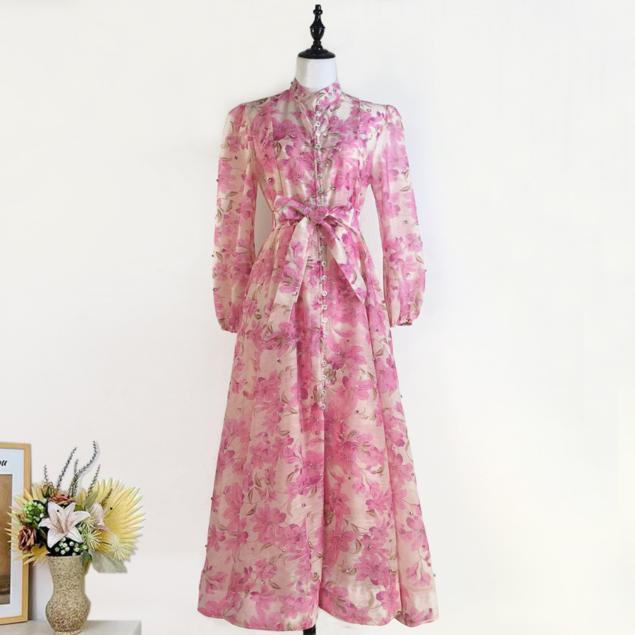Classic European and American style women's clothing with polka dot stand up collar, single breasted lantern sleeves, heavy-duty nail drill waist cinching, large swing dress, long skirt Classic European and American style women's clothing with polka dot stand up collar, single breasted lantern sleeves, heavy-duty nail drill waist cinching, large swing dress, long skirt
