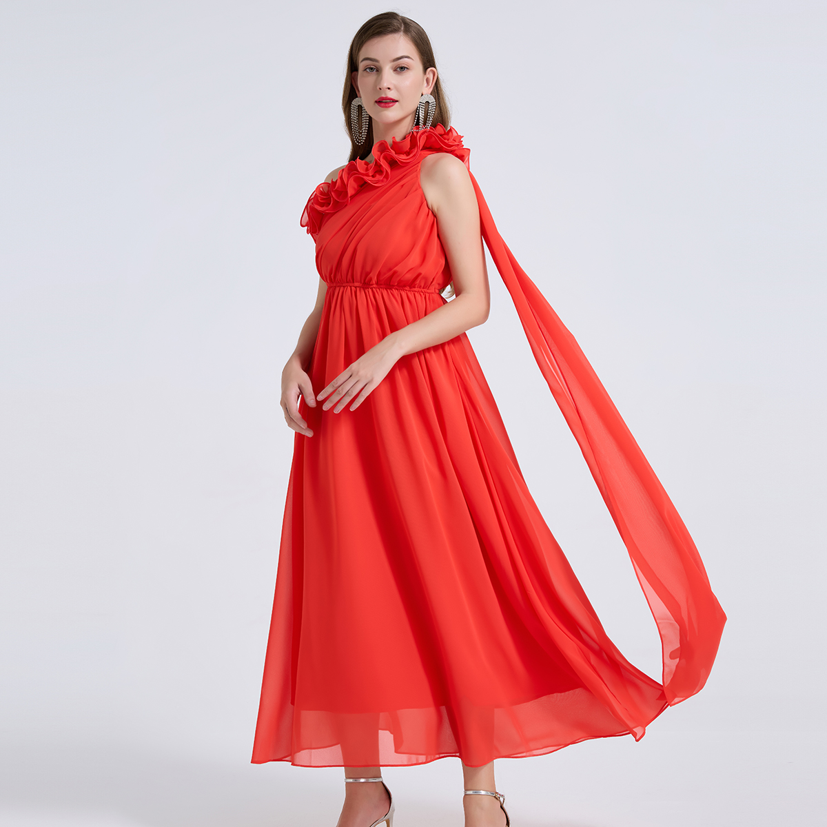 Real shot unique asymmetric strapless design, three-dimensional floral elastic high waisted dress with ribbon and large swing skirt Real shot unique asymmetric strapless design, three-dimensional floral elastic high waisted dress with ribbon and large swing skirt
