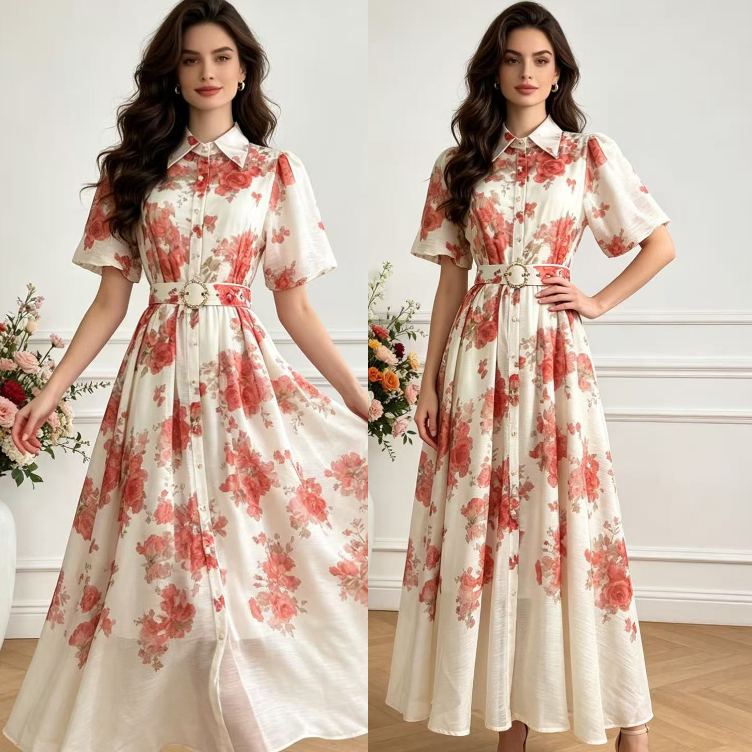 Australian retro printed elegant socialite temperament with a lapel and bubble sleeves, short sleeved summer waist slimming dress, long skirt Australian retro printed elegant socialite temperament with a lapel and bubble sleeves, short sleeved summer waist slimming dress, long skirt