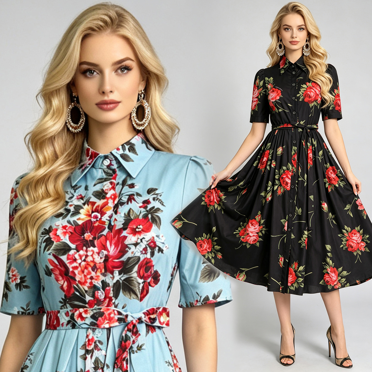 Real time shooting of summer new product positioning: printed lapel tie, waist cinching shirt, dress, big swing A-line skirt