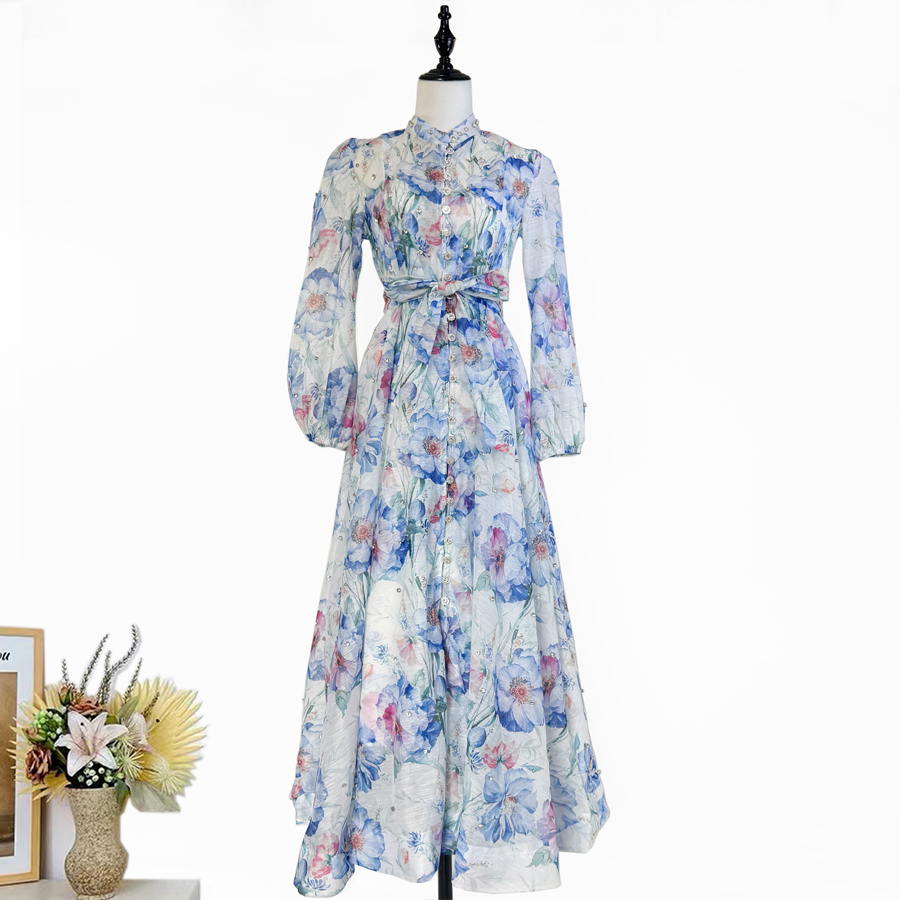 Australian retro print stand up collar lantern sleeves long sleeves heavy studded diamonds elegant socialite temperament two-piece dress long Australian retro print stand up collar lantern sleeves long sleeves heavy studded diamonds elegant socialite temperament two-piece dress long
