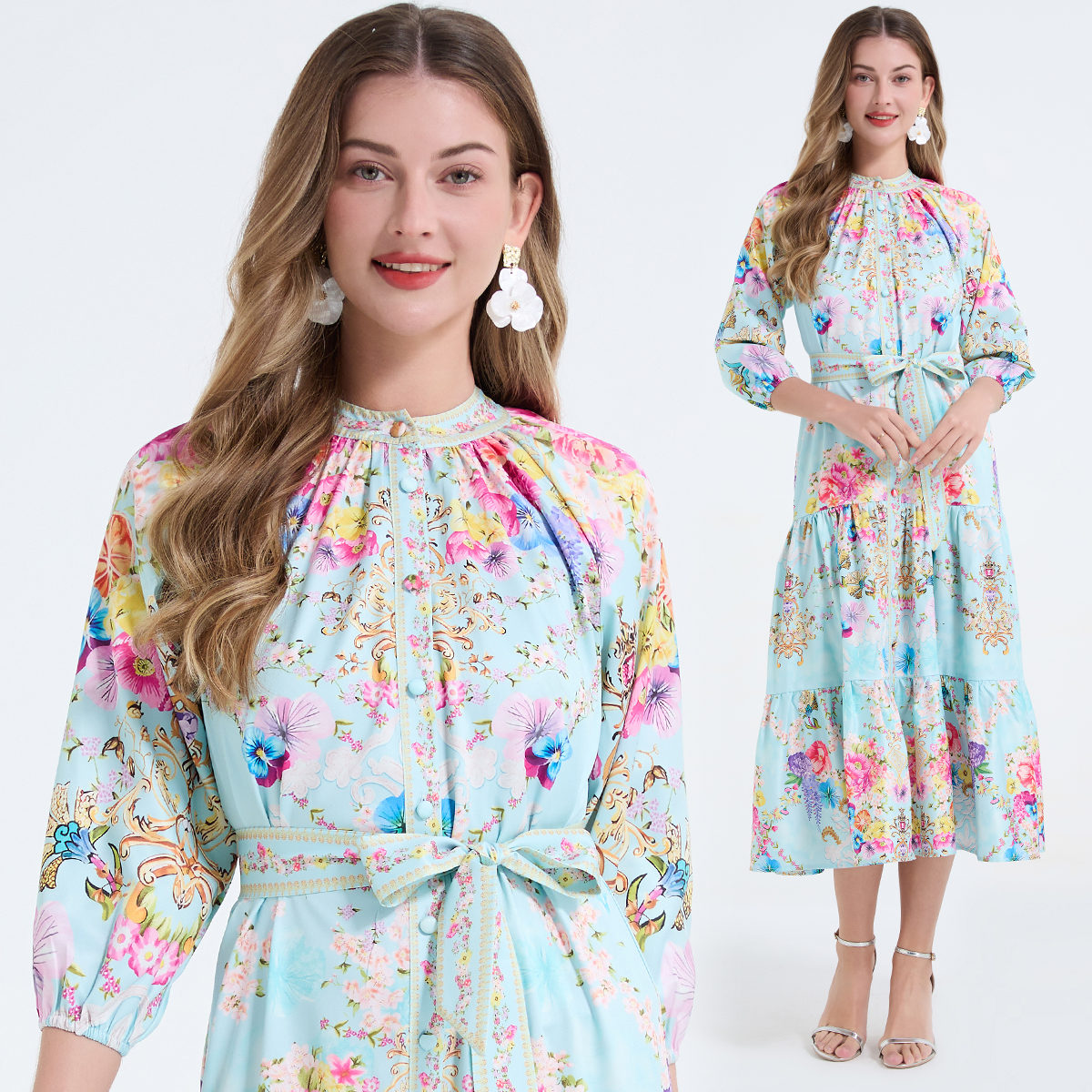 Real time shooting of European and American positioning printed stand up collar tied waist dress with three-layer large swing long skirt