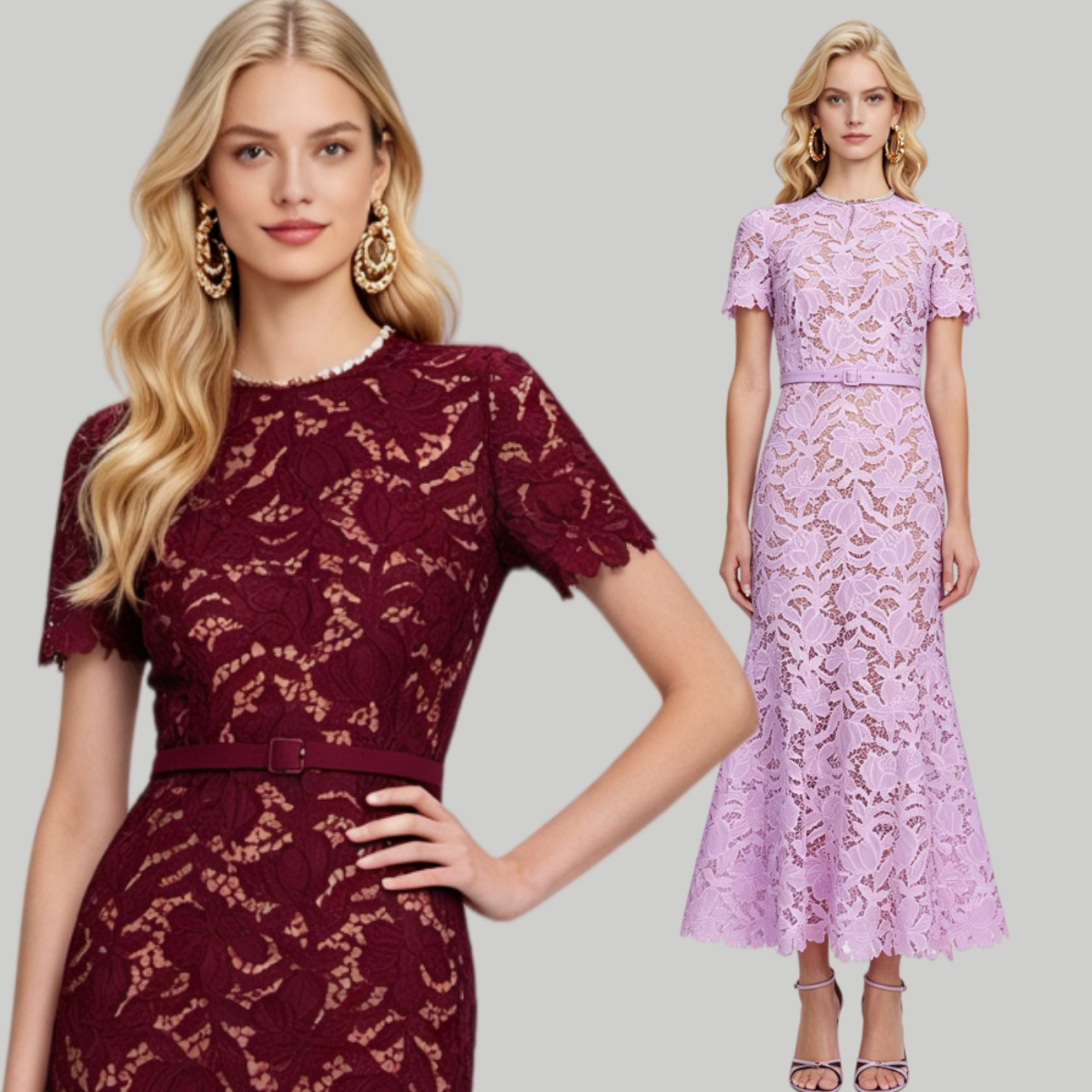 Heavy industry lace three-dimensional hollow flower lace with round neck slim fit high waist fish tail dress