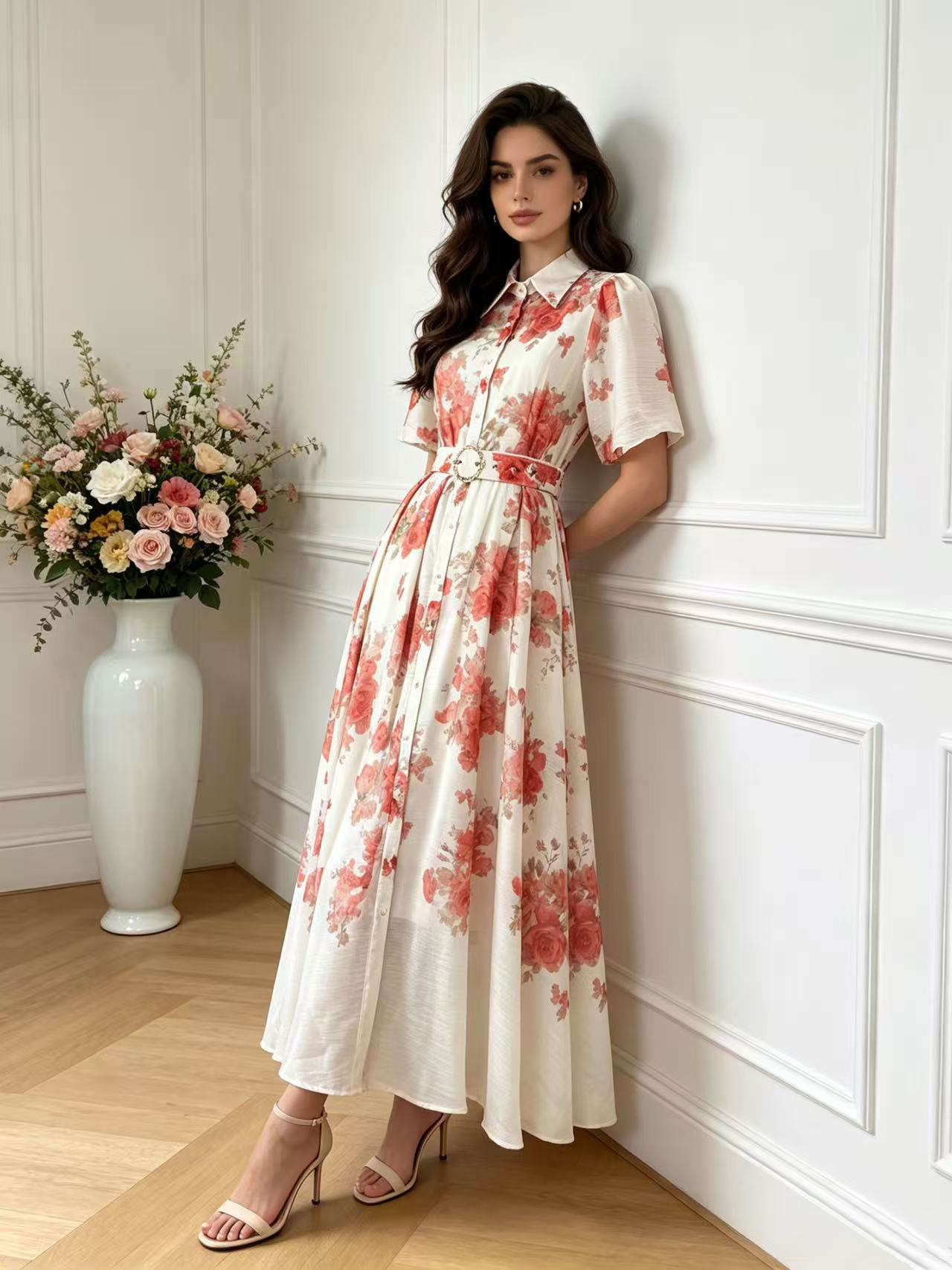 Australian retro printed elegant socialite temperament with a lapel and bubble sleeves, short sleeved summer waist slimming dress, long skirt Australian retro printed elegant socialite temperament with a lapel and bubble sleeves, short sleeved summer waist slimming dress, long skirt