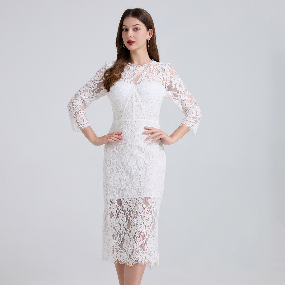 Real shooting of spring and summer new elastic lace diamond embellishment three-dimensional chest pad fishbone dress high waist slim fit hip hugging skirt Real shooting of spring and summer new elastic lace diamond embellishment three-dimensional chest pad fishbone dress high waist slim fit hip hugging skirt
