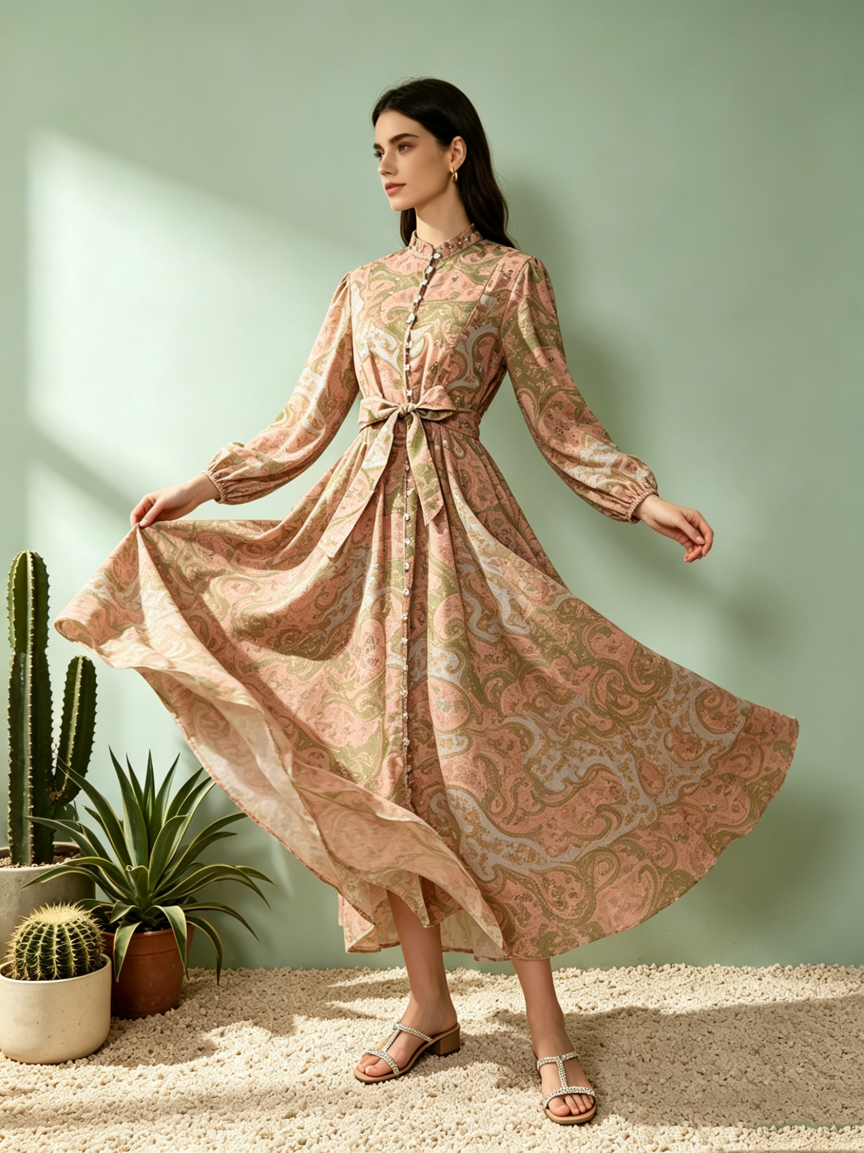Classic European and American style women's clothing with polka dot stand up collar, single breasted lantern sleeves, heavy-duty nail drill waist cinching, large swing dress, long skirt Classic European and American style women's clothing with polka dot stand up collar, single breasted lantern sleeves, heavy-duty nail drill waist cinching, large swing dress, long skirt