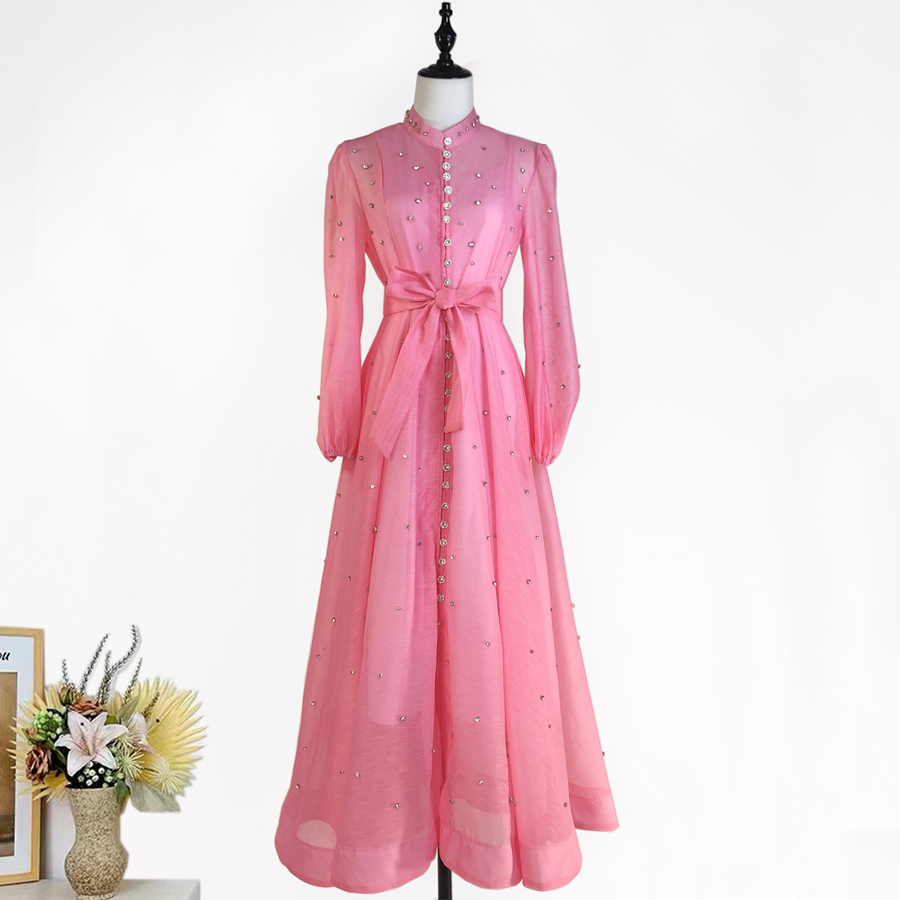 Australian retro print stand up collar lantern sleeves long sleeves heavy studded diamonds elegant socialite temperament two-piece dress long Australian retro print stand up collar lantern sleeves long sleeves heavy studded diamonds elegant socialite temperament two-piece dress long