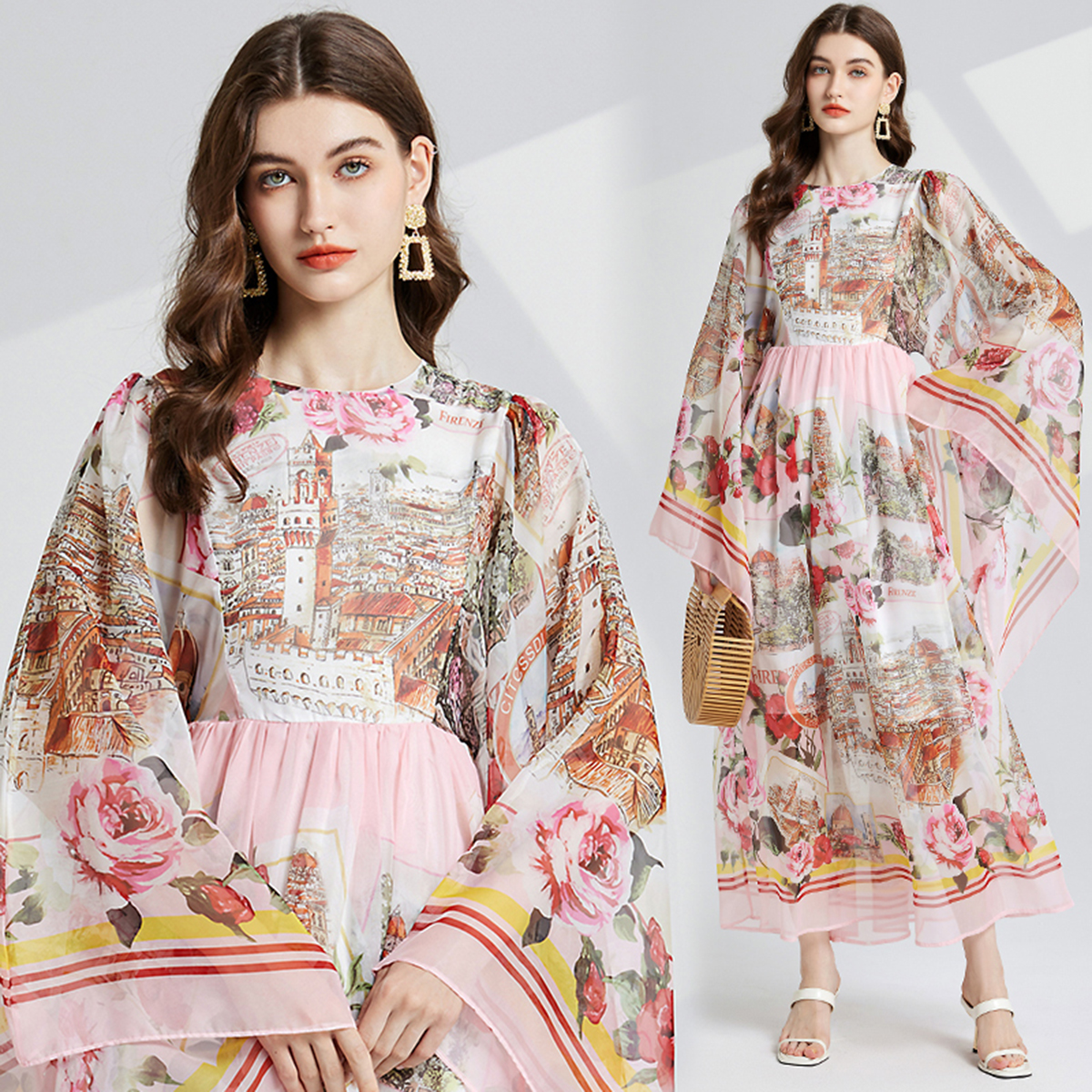 Retro court style trumpet long sleeved loose print A-line large swing skirt Tencel long skirt