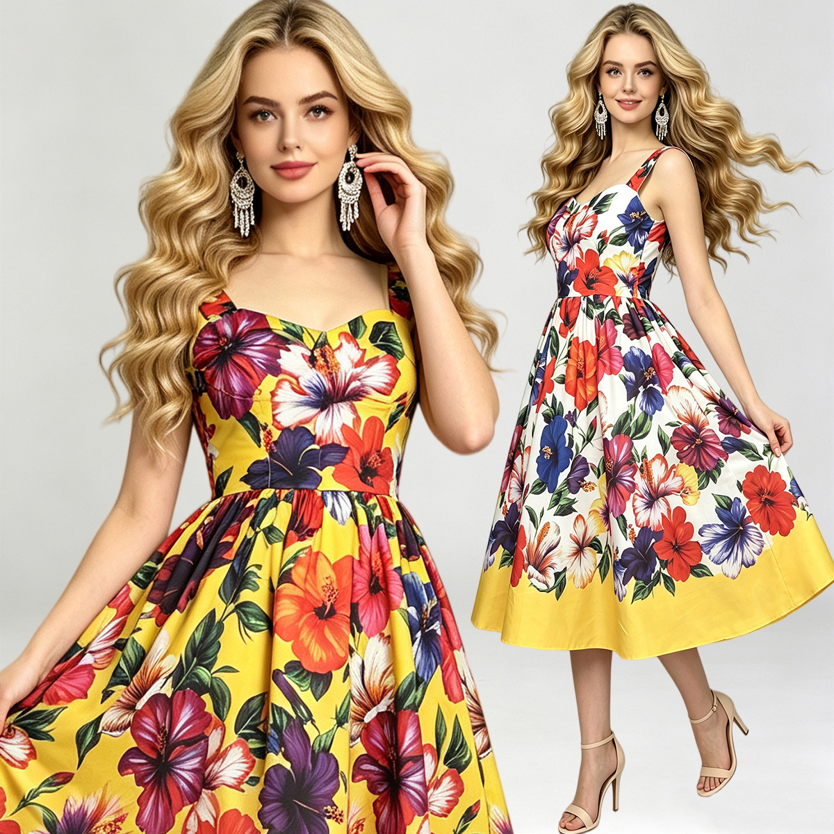 Positioned as a retro printed three-dimensional strapless cotton and linen dress with elastic waistband at the back and high waisted skirt