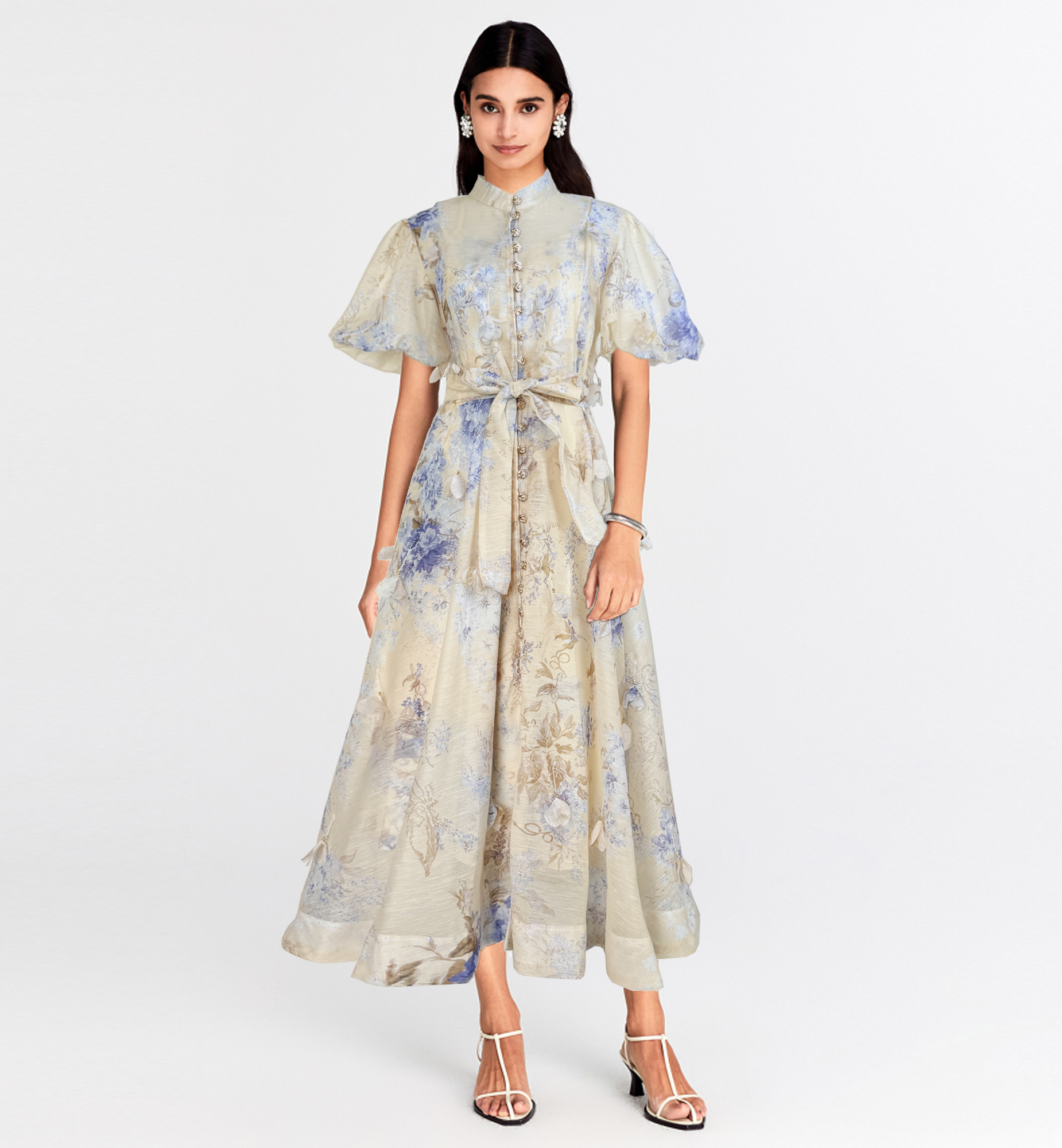 Summer elegant socialite temperament retro printed bubble sleeves short sleeved stand up collar single breasted waist slimming dress long Summer elegant socialite temperament retro printed bubble sleeves short sleeved stand up collar single breasted waist slimming dress long
