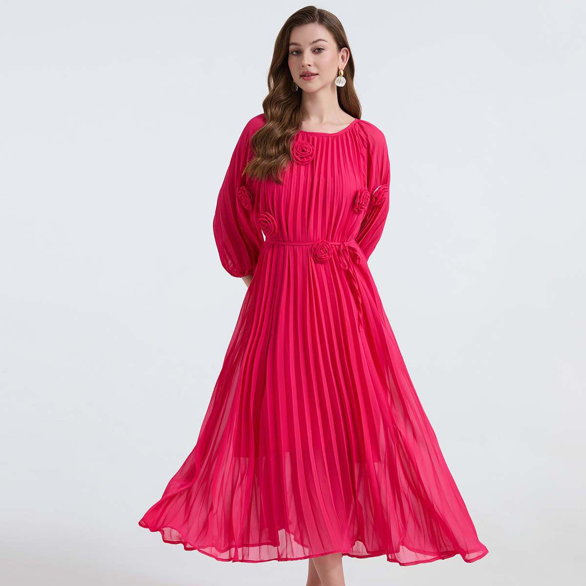 Realistic shooting of 4-color summer folding handmade flower binding waist cinching round neck big swing dress, loose beach skirt Realistic shooting of 4-color summer folding handmade flower binding waist cinching round neck big swing dress, loose beach skirt