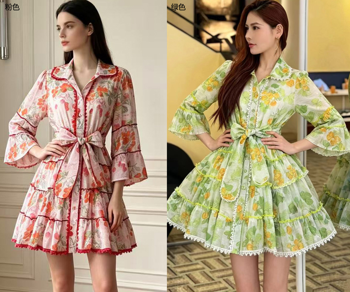 French retro pastoral style fresh print layer by layer splicing lace lace lace single breasted flared sleeve dress short skirt French retro pastoral style fresh print layer by layer splicing lace lace lace single breasted flared sleeve dress short skirt