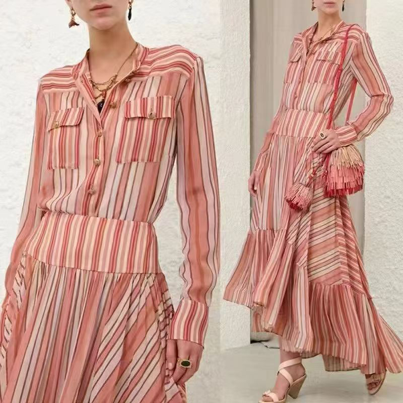 Light luxury high-end 2026 new striped slim fit shirt Bohemian style long skirt set
