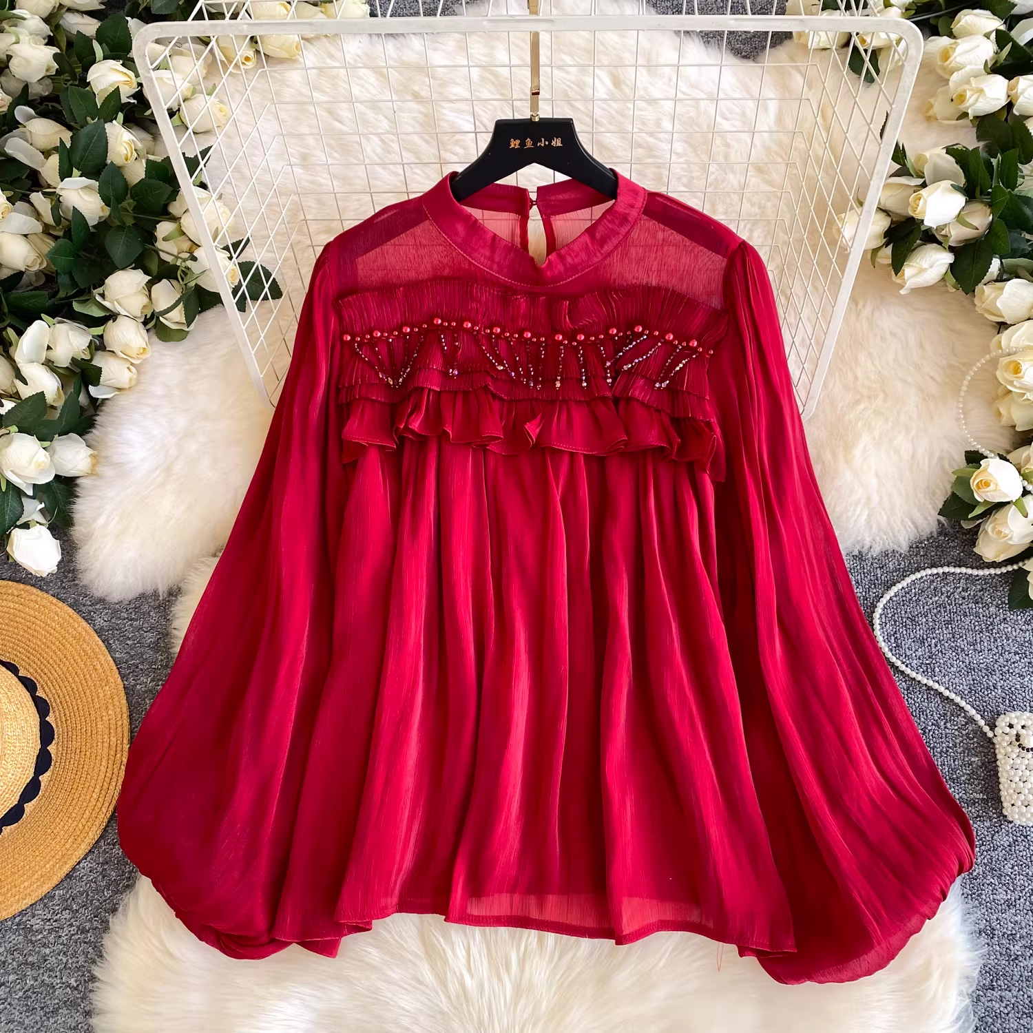 Sweet and girlish style three-dimensional flower lantern sleeve shirt for women commuting, nail bead fairy style high-end pink shirt Sweet and girlish style three-dimensional flower lantern sleeve shirt for women commuting, nail bead fairy style high-end pink shirt