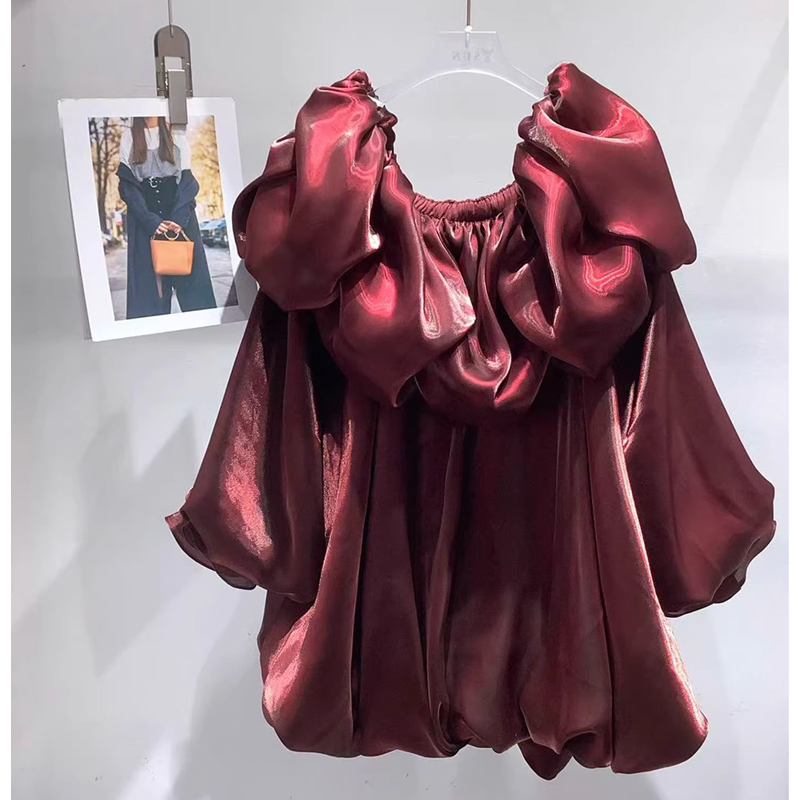 Korean Ins style one shoulder three-dimensional bubble sleeve top with mesh like coverage, slimming and glossy base shirt