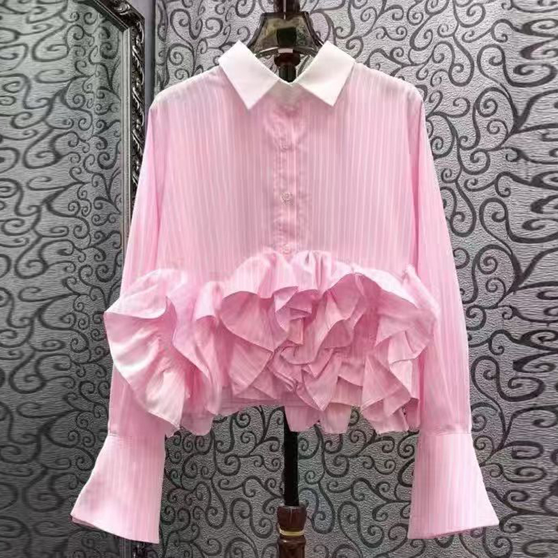 French three-dimensional lace striped long sleeved shirt for women in early spring, loose design, niche high-end temperament, top