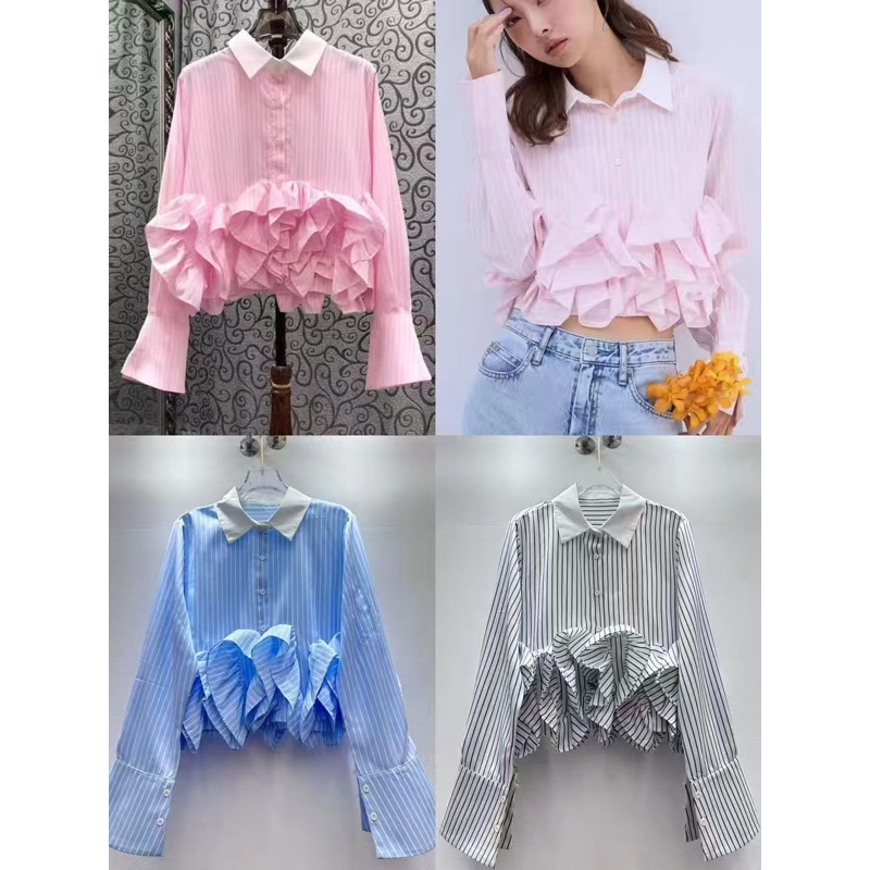 French three-dimensional lace striped long sleeved shirt for women in early spring, loose design, niche high-end temperament, top French three-dimensional lace striped long sleeved shirt for women in early spring, loose design, niche high-end temperament, top