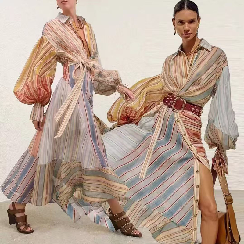 European light luxury 2026 new color lapel striped lace up long sleeved waist slimming dress