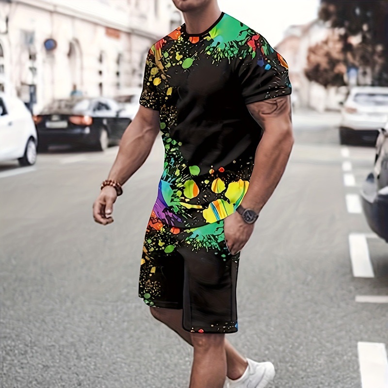 European and American foreign trade summer new trendy men's simple 3D printed color blocked short sleeved T-shirt set men's 2-piece set wholesale
