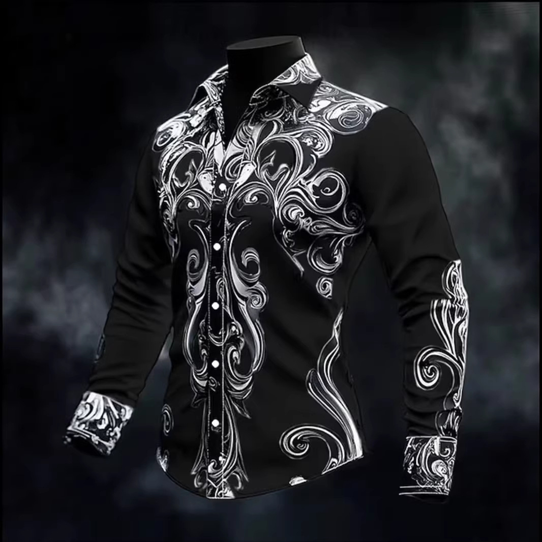 2026 exquisite retro 3D printed collar shirt for men's slim fit long sleeved formal button down shirt for casual men's wear in foreign trade