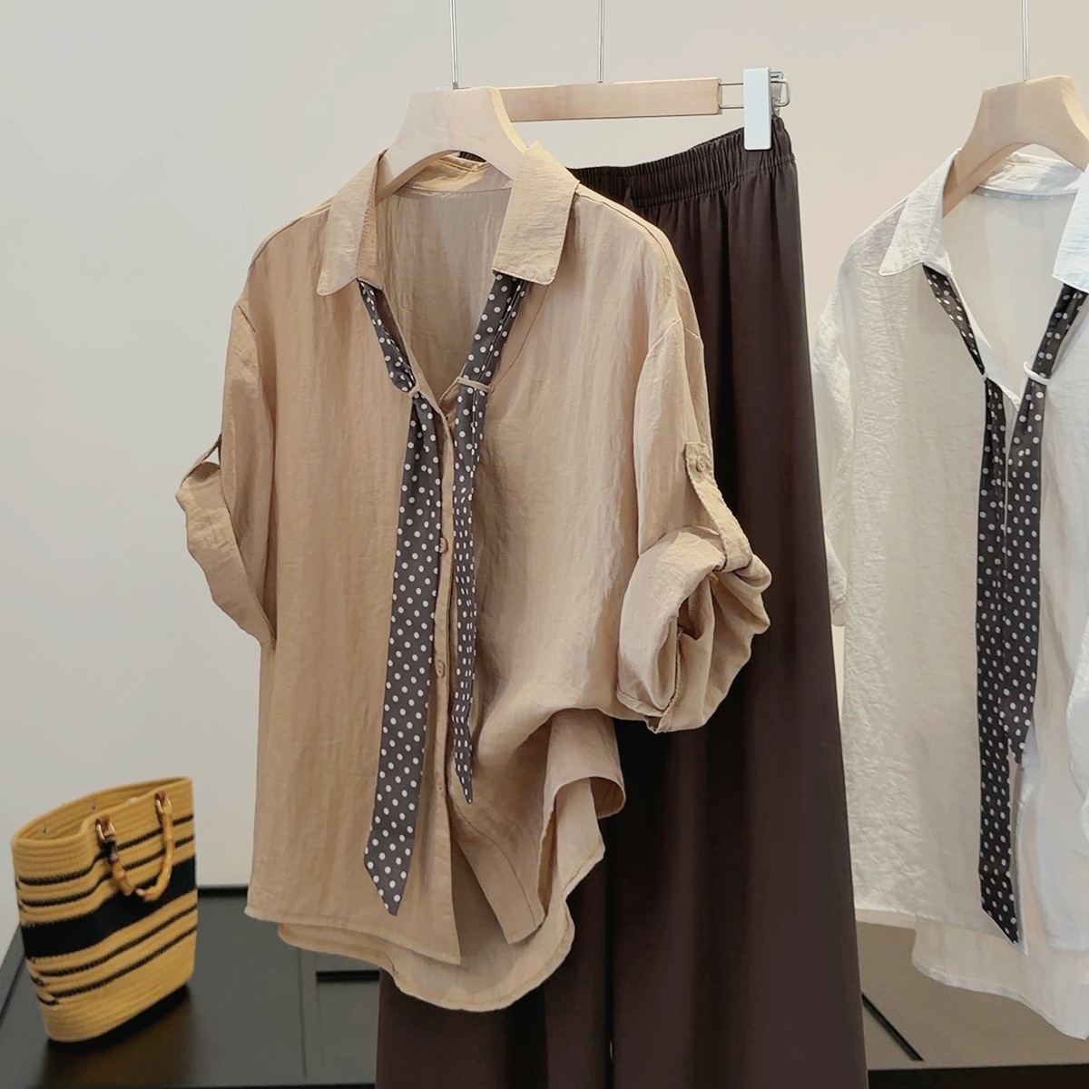 Polo collar, Tencel cotton five quarter sleeved shirt, women's summer new style temperament, commuting casual mid sleeved top