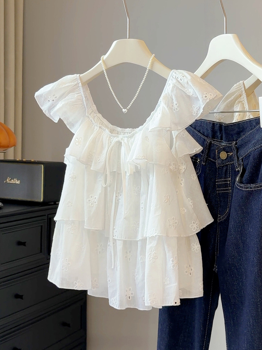 Korean version sweet ruffle edge small fly sleeve shirt for women's summer new style, layered and age reducing versatile sleeveless doll shirt Korean version sweet ruffle edge small fly sleeve shirt for women's summer new style, layered and age reducing versatile sleeveless doll shirt