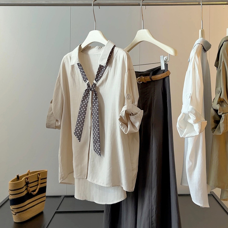 Old money controversy points to scarves, ice silk, cotton and linen shirts, women's summer new style, loose five quarter sleeves, fashionable casual tops