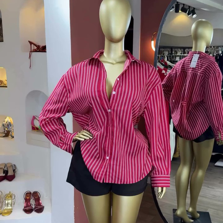 European and American cross-border women's clothing 2026 summer new style temperament casual collar versatile striped loose long sleeved shirt top