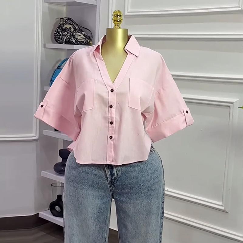 European and American Cross border Women's Clothing 2026 Summer New Design Sense Flip Collar Loose and Versatile Fashion Short Shirt Top