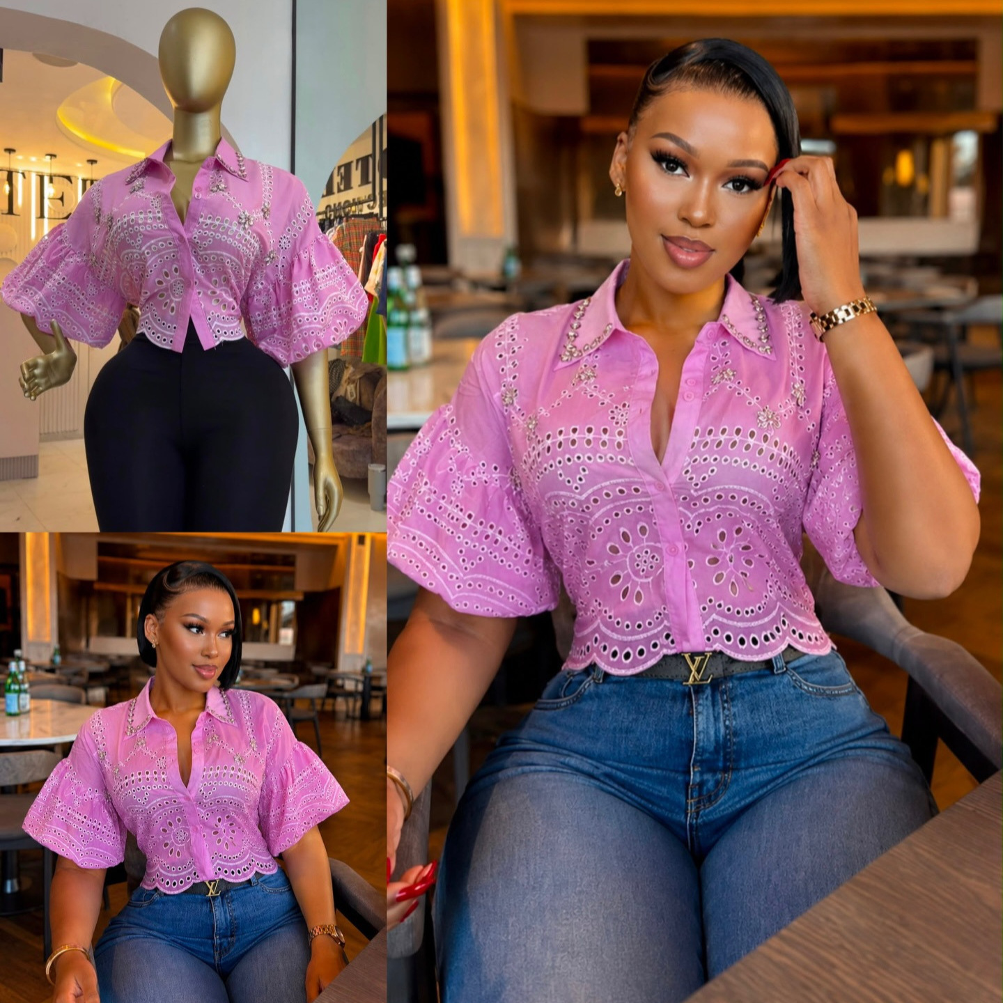 European and American cross-border women's clothing 2026 summer new fashion design sense hollowed out diamond inlaid lantern sleeves short shirt top