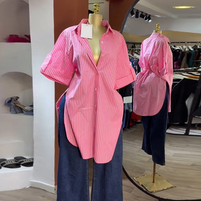European and American Cross border Women's Clothing 2026 Summer New Style Fashion Collar Single breasted Striped Short Sleeve Medium length Shirt Top