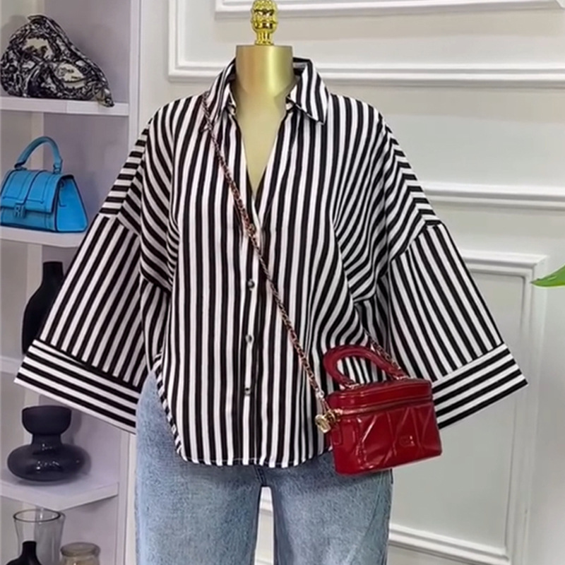 European and American Cross border Women's Clothing 2026 Summer New Fashionable Loose and Sweet Design Sense Collar Striped Shirt Top