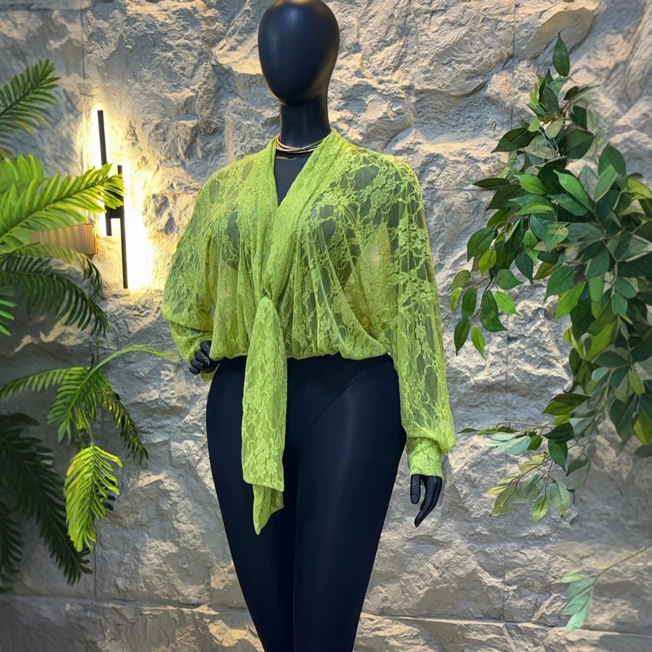 European and American cross-border women's clothing 2026 summer new style temperament V-neck see through mesh lace loose long sleeved shirt top