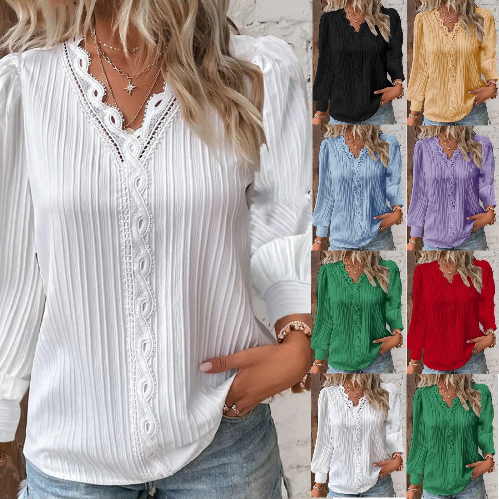 Independent site Wish Amazon 2025 Spring/Autumn Long sleeved V-neck Lace Splicing Shirt Women's Shirt Loose