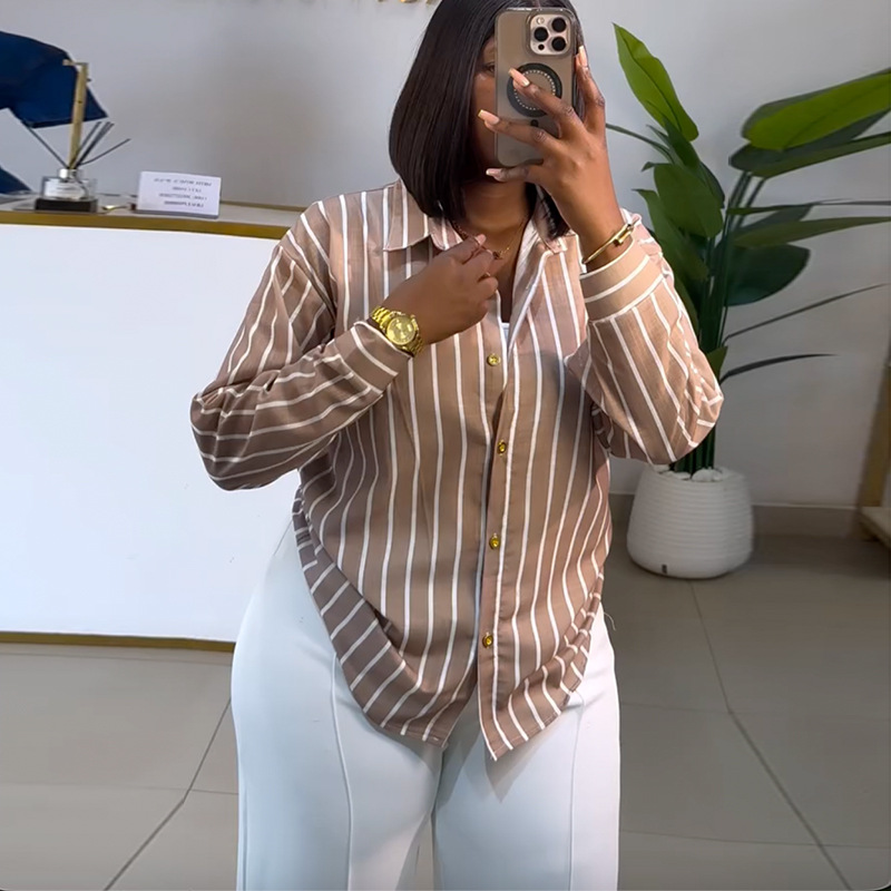 European and American cross-border women's clothing 2026 spring new item African fashion casual collar striped versatile long sleeved shirt top