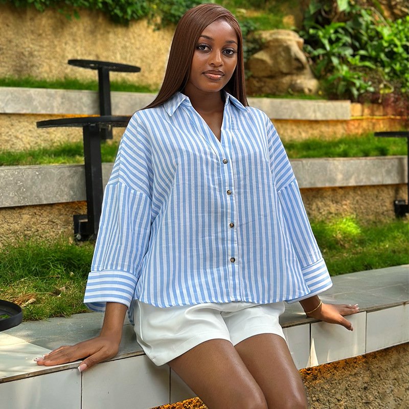 European and American cross-border women's clothing 2026 summer new casual collar loose and versatile design striped shirt top European and American cross-border women's clothing 2026 summer new casual collar loose and versatile design striped shirt top