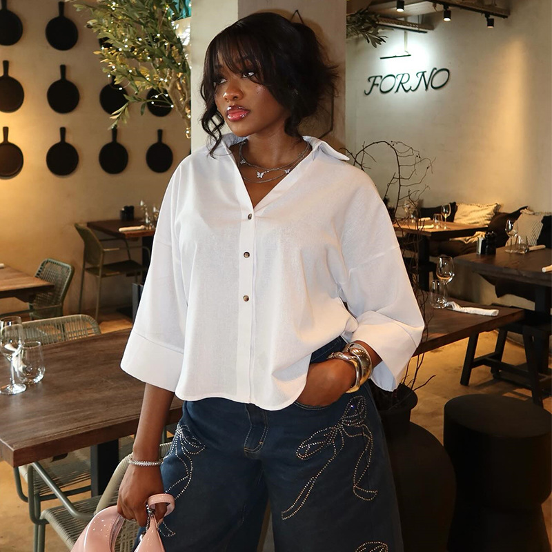 European and American cross-border women's clothing 2026 summer new casual collar loose and versatile design striped shirt top
